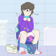 A woman who was potty training was sitting in the toilet while wearing a wet diaper.