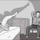 A woman who has been duped by her husband is being watched by him while he sits in a chair.